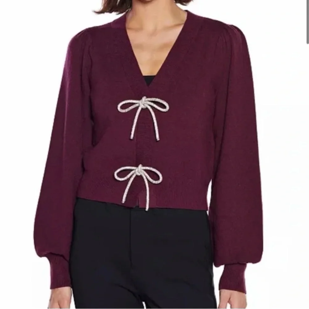 Belldini Balloon Sleeve Burgundy Cardigan Sweater with Rhinestone Bows, Sz M